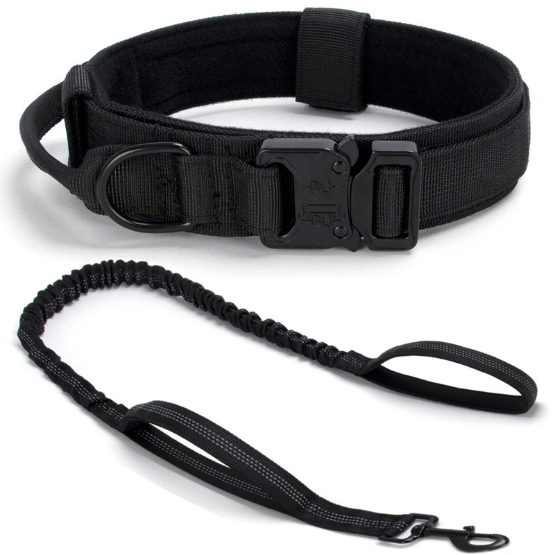 CADONO Tactical Dog Collar Set Adjustable Military Training Nylon Dog Collar with Control Handle and Heavy QuickRelease Metal Buckle for Small Medium Large Dogs Black Set L - Image 2