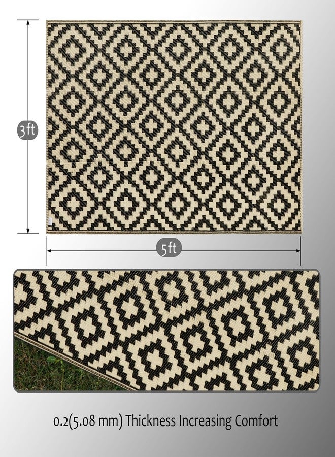 SAND MINE Reversible Mats, Plastic Straw Rug, Modern Area Rug, Large Floor Mat and Rug for Outdoors, RV, Patio, Backyard, Deck, Picnic, Beach, Trailer, Camping (3' x 5', Black & Beige Lattice) - Image 2