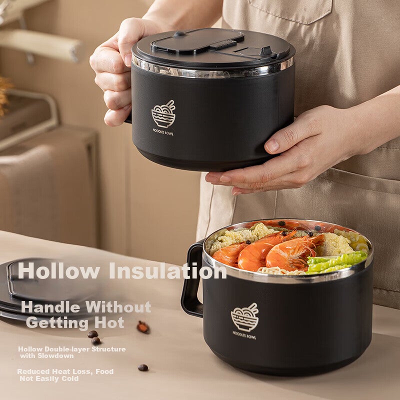 Guangyi 304 Stainless Steel Ramen Bowl, Large Capacity Lunch Box for Students And Office Workers, Black with Spoon And Chopsticks, GY7348 - Image 4