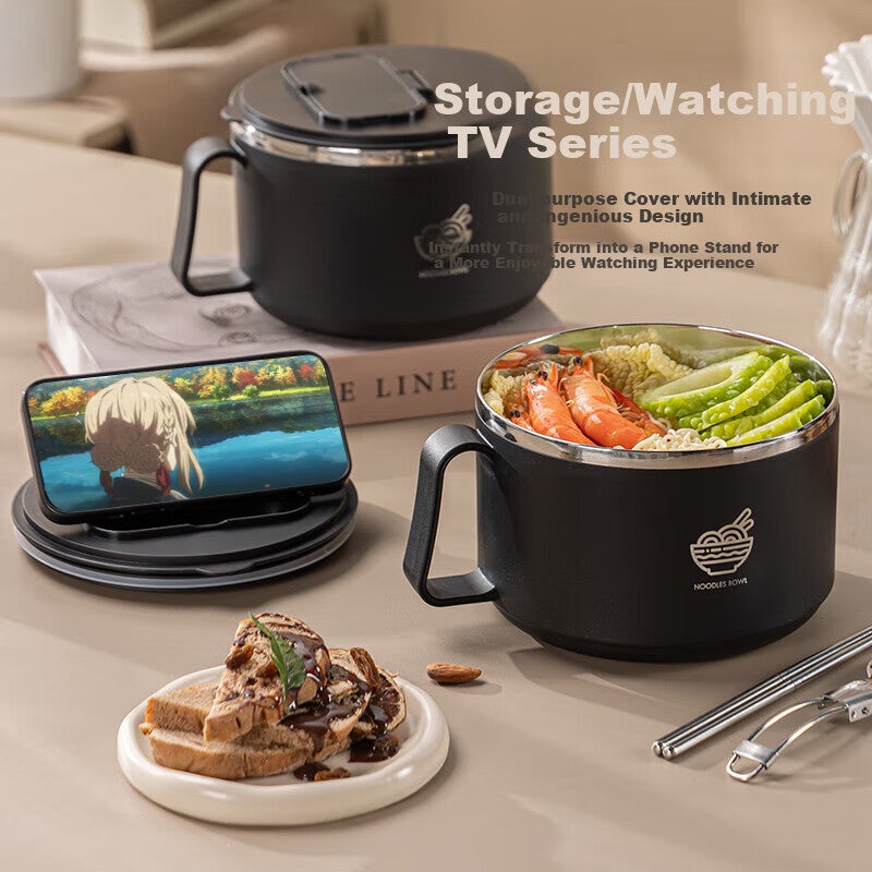 Guangyi 304 Stainless Steel Ramen Bowl, Large Capacity Lunch Box for Students And Office Workers, Black with Spoon And Chopsticks, GY7348 - Image 5