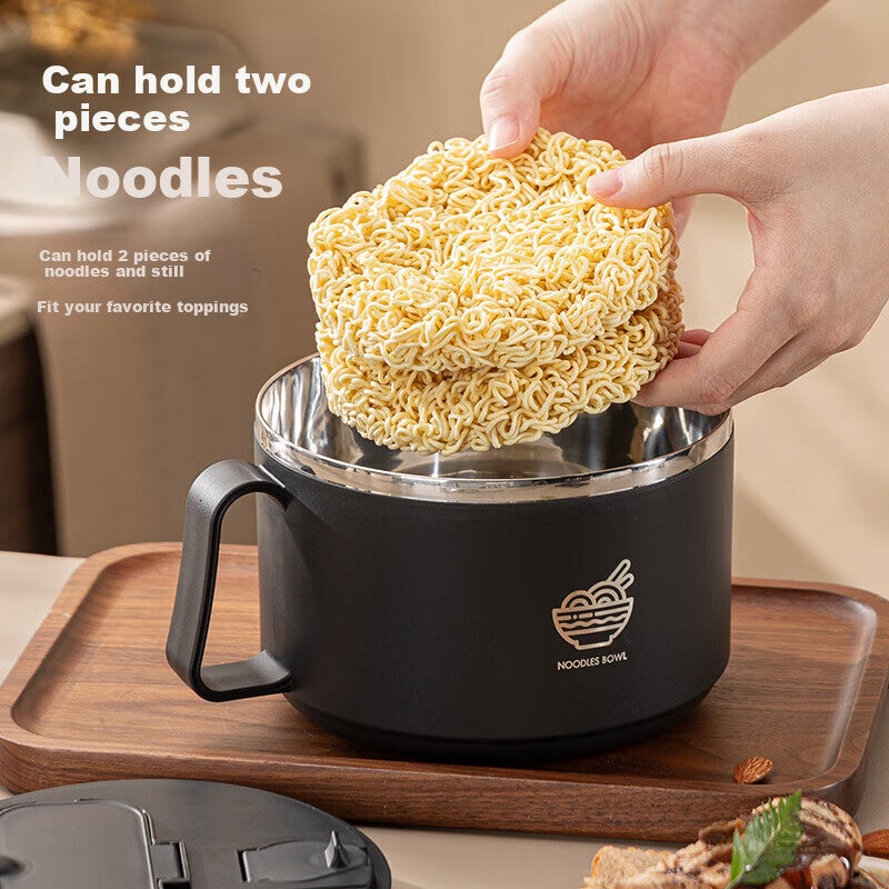 Guangyi 304 Stainless Steel Ramen Bowl, Large Capacity Lunch Box for Students And Office Workers, Black with Spoon And Chopsticks, GY7348 - Image 1