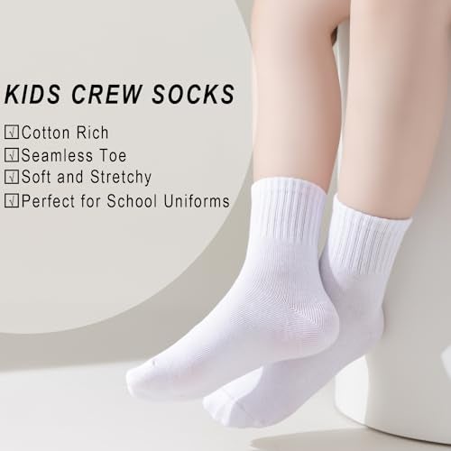 EPEIUS Unisex Kids Crew Socks Toddler Boys Dress Sox Soft Cotton Seamless School Socks for Girls 3-5 Years White 4 Pairs Size S - Image 2
