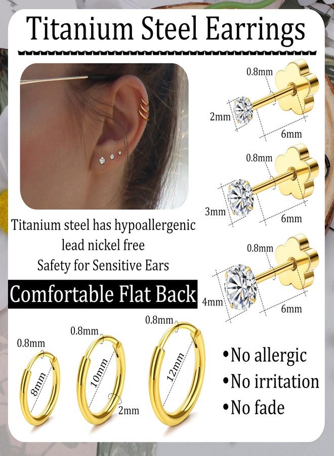 MJust Hypoallergenic Stainless Steel Flat Back Earrings for Women & Men, 12 Pairs (9 Prs Studs & 3 Prs Hoops) Surgical Steel Screw Back Cartilage Earrings Set for Sensitive Ears (Golden) - Image 2