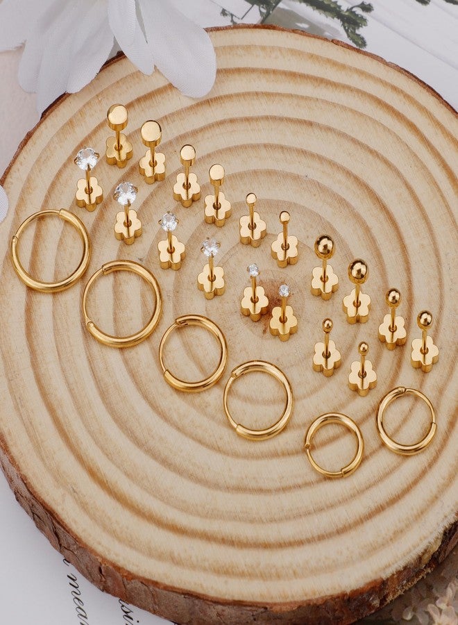 MJust Hypoallergenic Stainless Steel Flat Back Earrings for Women & Men, 12 Pairs (9 Prs Studs & 3 Prs Hoops) Surgical Steel Screw Back Cartilage Earrings Set for Sensitive Ears (Golden) - Image 3