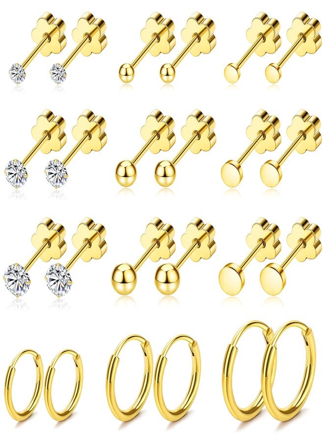 MJust Hypoallergenic Stainless Steel Flat Back Earrings for Women & Men, 12 Pairs (9 Prs Studs & 3 Prs Hoops) Surgical Steel Screw Back Cartilage Earrings Set for Sensitive Ears (Golden) - Image 1