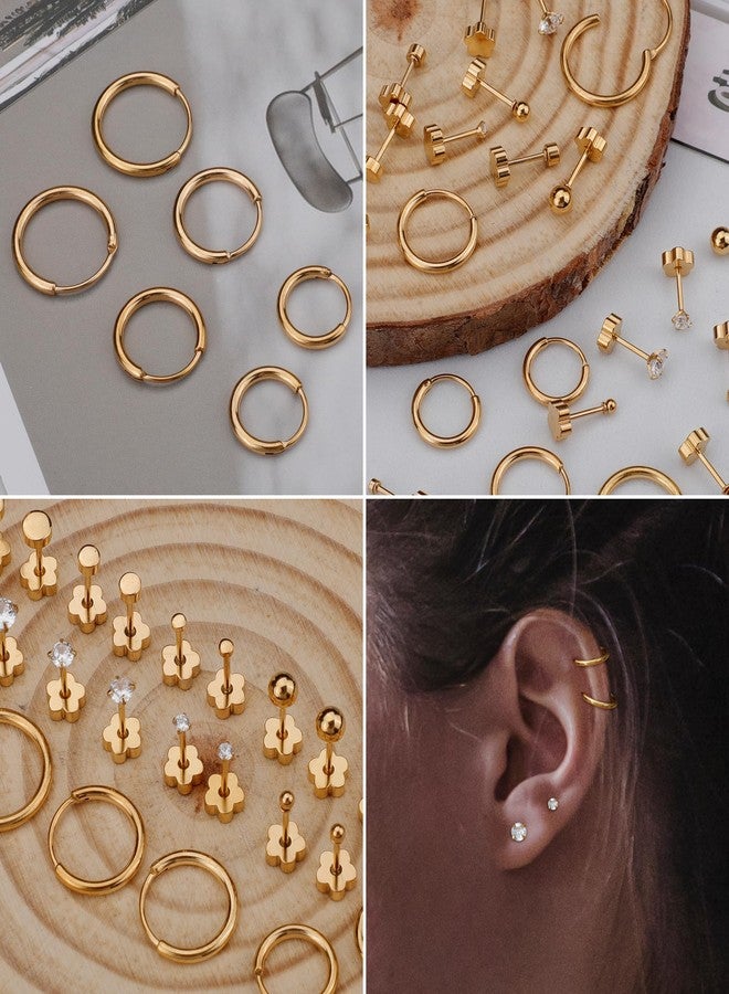 MJust Hypoallergenic Stainless Steel Flat Back Earrings for Women & Men, 12 Pairs (9 Prs Studs & 3 Prs Hoops) Surgical Steel Screw Back Cartilage Earrings Set for Sensitive Ears (Golden) - Image 4