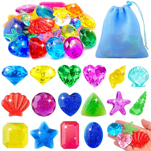 Feivando 32 Pcs Diving Gems Pool Toys for Kids Big Colorful Acrylic Diamonds Pirate Treasure Gemstones Swimming Training Underwater Toys for Summer Pool Beach Party Favor Games - Image 1