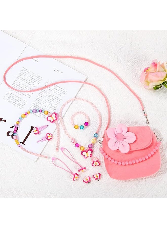 جي أس فتيات صغيرات حقائب بلش، المجوهرات مجموعة للبنات، سلسلة قلادة سوار حلقة المجوهرات مجموعة، حلوة بلش حقيبة لحزب اللباس حتى هدية (الوردي) - Image 4