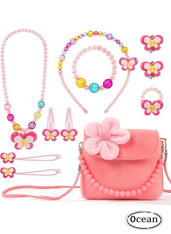 جي أس فتيات صغيرات حقائب بلش، المجوهرات مجموعة للبنات، سلسلة قلادة سوار حلقة المجوهرات مجموعة، حلوة بلش حقيبة لحزب اللباس حتى هدية (الوردي) - Image 1