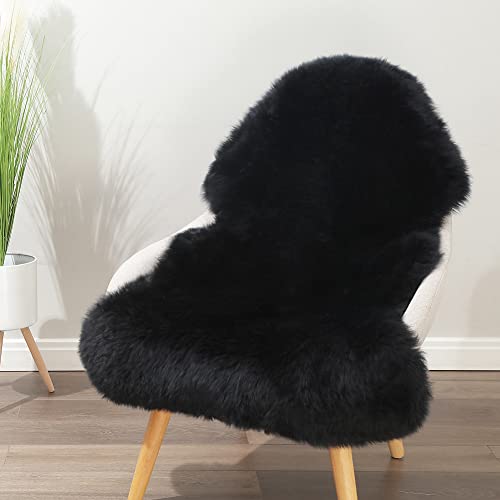 LLB Genuine Sheepskin Area Rug Wool Rug Fur Carpet Fluffy Shaggy Fur Rug for Living Room Kids Bedroom Real Sheepskin Throw Lambskin Rugs Sofa Mat Chair Seat Covers (Black, 2 x 3 ft Sheepskin) - Image 1