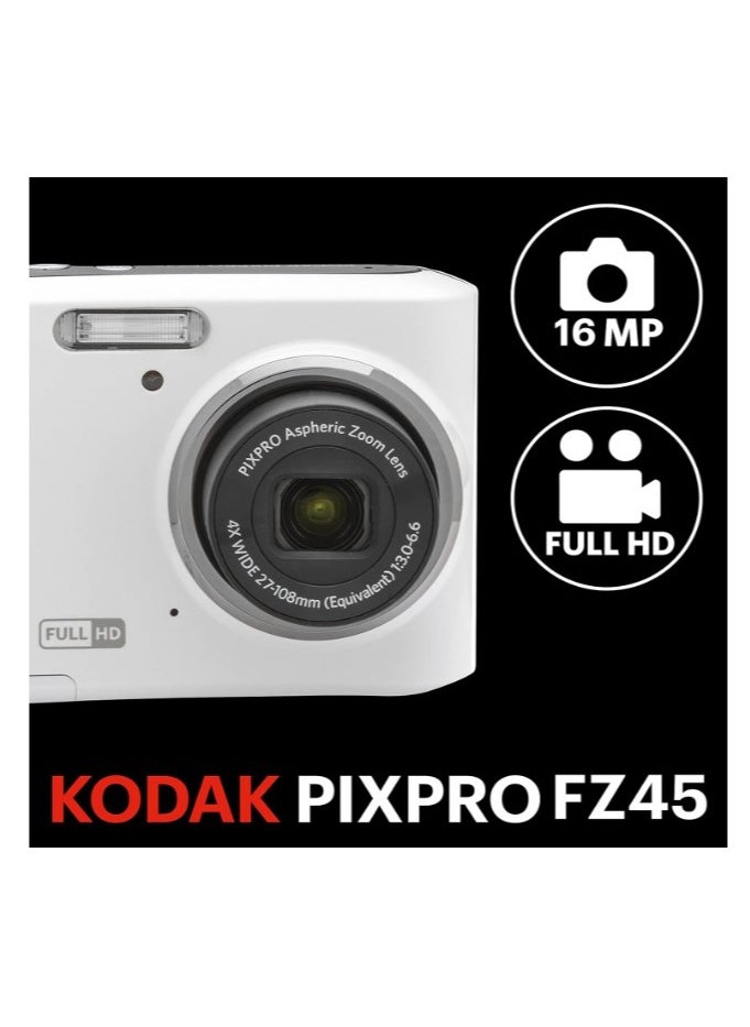 Kodak Co - KODAK PIXPRO FZ45-WH 16MP Digital Camera 4X Optical Zoom 27mm Wide Angle 1080P Full HD Video 2.7" LCD Vlogging Camera (White) - Image 1