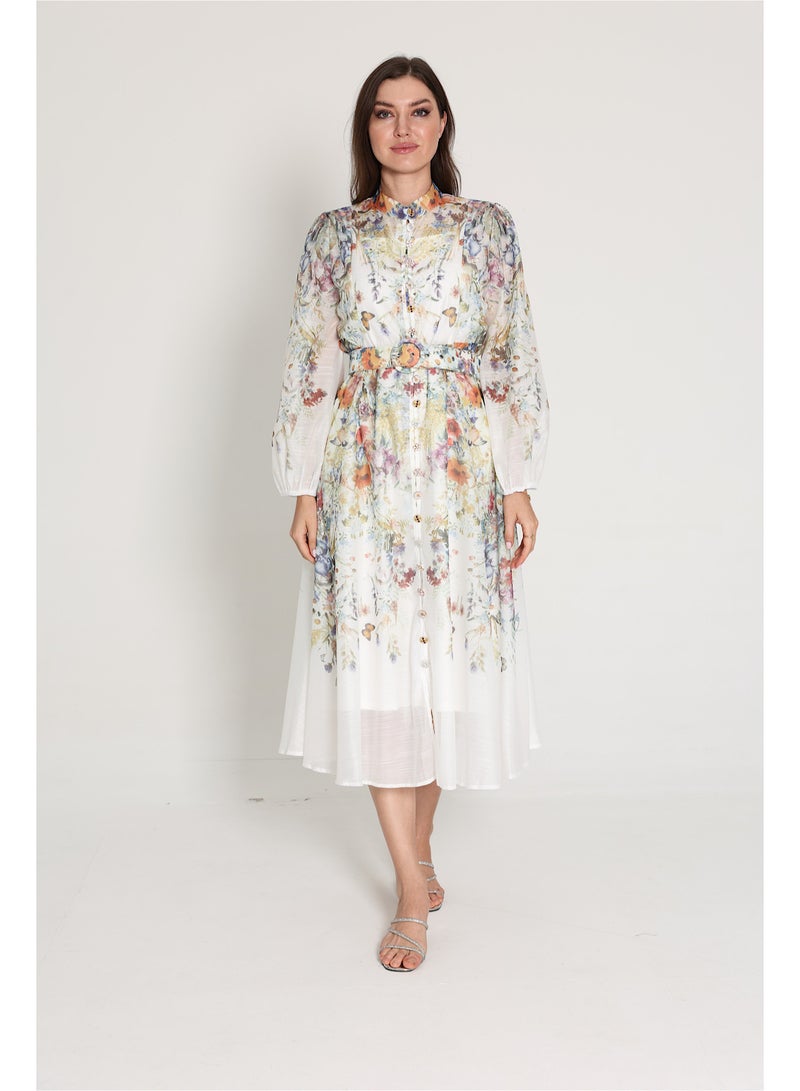 اكسا فستان متوسط الطول نقوش زهور مع حزام - Image 1