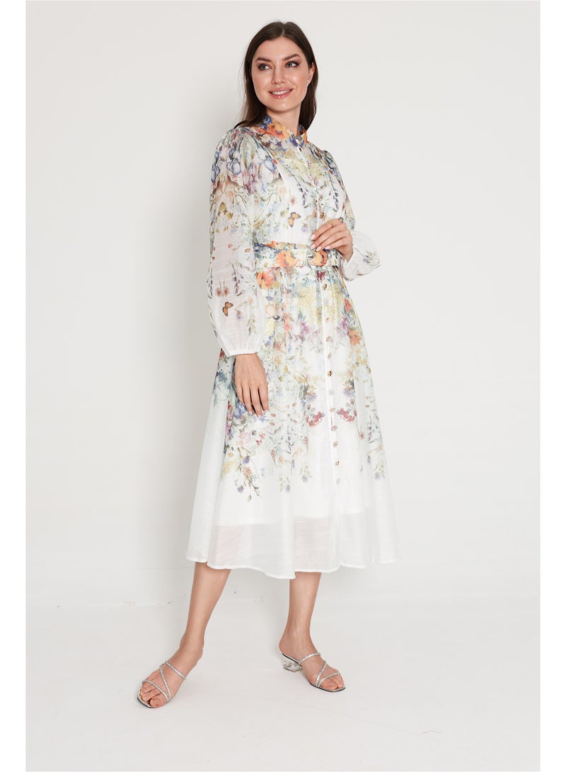 اكسا فستان متوسط الطول نقوش زهور مع حزام - Image 4