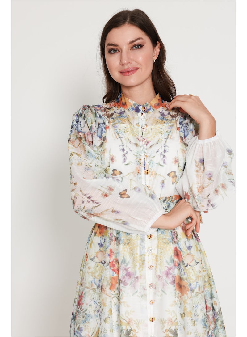 اكسا فستان متوسط الطول نقوش زهور مع حزام - Image 5