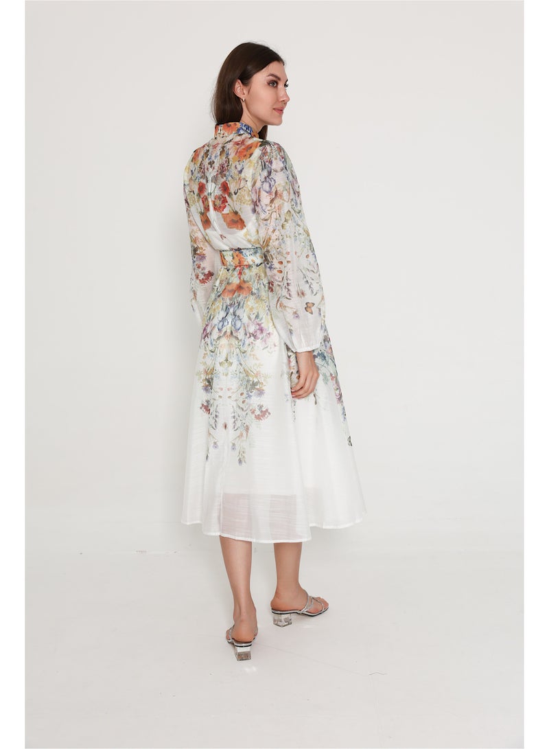اكسا فستان متوسط الطول نقوش زهور مع حزام - Image 2