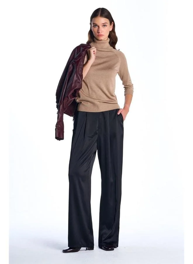 Sherin Black Satin Wide-Leg Pants.