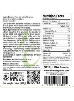 Transition Nutrition Spirulina Powder (Inca) Raw Andes Mountains Vegan And Gluten Free Raw And Organic (16 Oz) - pzsku/ZEE37B226C239B9F6C67BZ/45/_/1685515624/6e39b010-246e-49f4-8650-67fda24d76ed