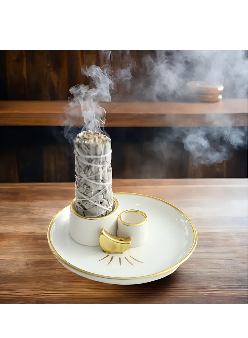 MFDXWCV MFDXWCV 4 in 1 Incense and Candle Holder for Burning Sage, Palo Santo -  Ceramic Ash Catcher Tray for Meditation Room  - Image 1