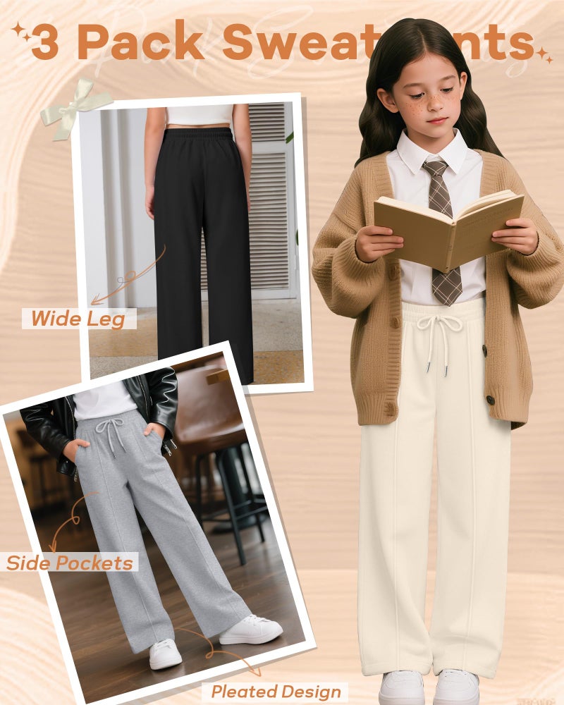 LessonZoo 3 Pack Girls Wide Leg Sweatpants Drawstring Baggy Pants Teen Girls Athletic Joggers Pants with Pockets 5-14Y(White, Light Heather Gray, Black,9-10 Years) - Image 5
