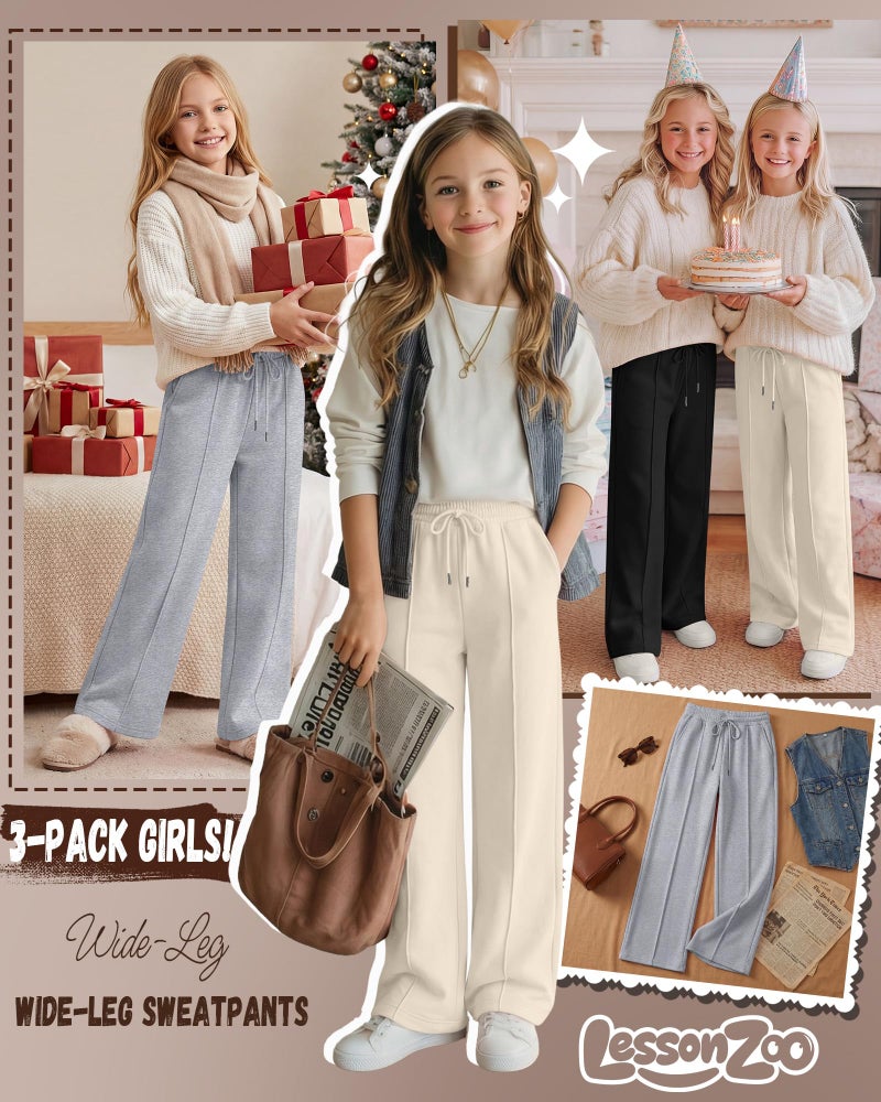 LessonZoo 3 Pack Girls Wide Leg Sweatpants Drawstring Baggy Pants Teen Girls Athletic Joggers Pants with Pockets 5-14Y(White, Light Heather Gray, Black,9-10 Years) - Image 3