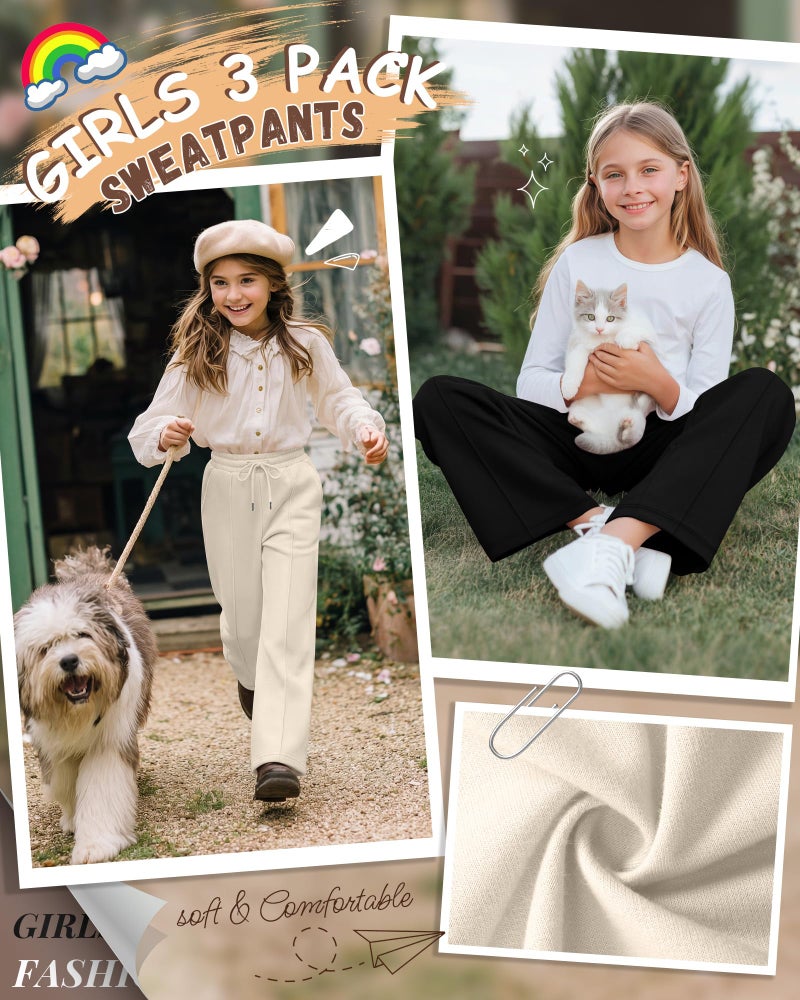 LessonZoo 3 Pack Girls Wide Leg Sweatpants Drawstring Baggy Pants Teen Girls Athletic Joggers Pants with Pockets 5-14Y(White, Light Heather Gray, Black,9-10 Years) - Image 2