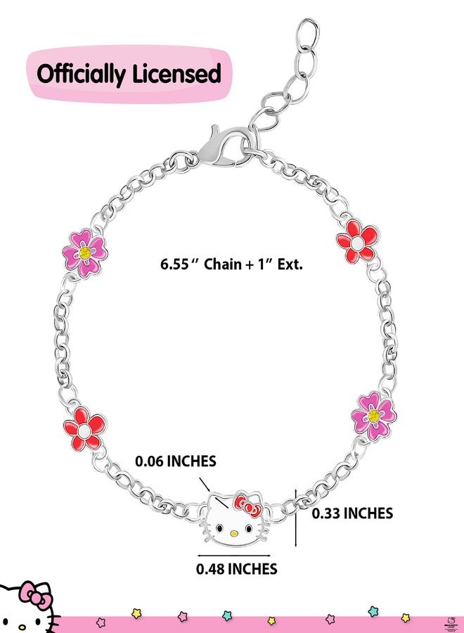 Hello Kitty Bracelet for Women with Flower Pendants 6.5" + 1", Silver Flash-Plated Sanrio Bracelet Officially Licensed - Image 5