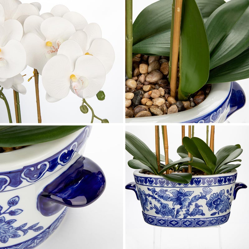 Briful Orchid Artificial Flowers in Blue and White Porcelain Pot 19.7" White Faux Silk Orchid Arrangement Large Fake Orchid Floral Centerpiece for Elegant Home Office Living Room Kitchen Table Decor - Image 3
