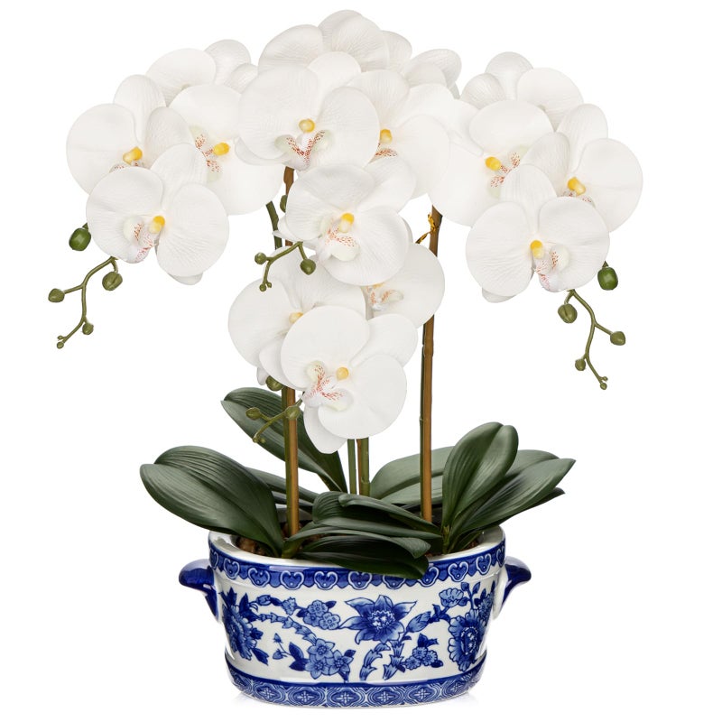 Briful Orchid Artificial Flowers in Blue and White Porcelain Pot 19.7" White Faux Silk Orchid Arrangement Large Fake Orchid Floral Centerpiece for Elegant Home Office Living Room Kitchen Table Decor - Image 1