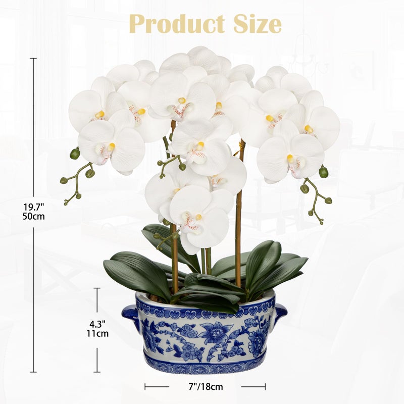 Briful Orchid Artificial Flowers in Blue and White Porcelain Pot 19.7" White Faux Silk Orchid Arrangement Large Fake Orchid Floral Centerpiece for Elegant Home Office Living Room Kitchen Table Decor - Image 2
