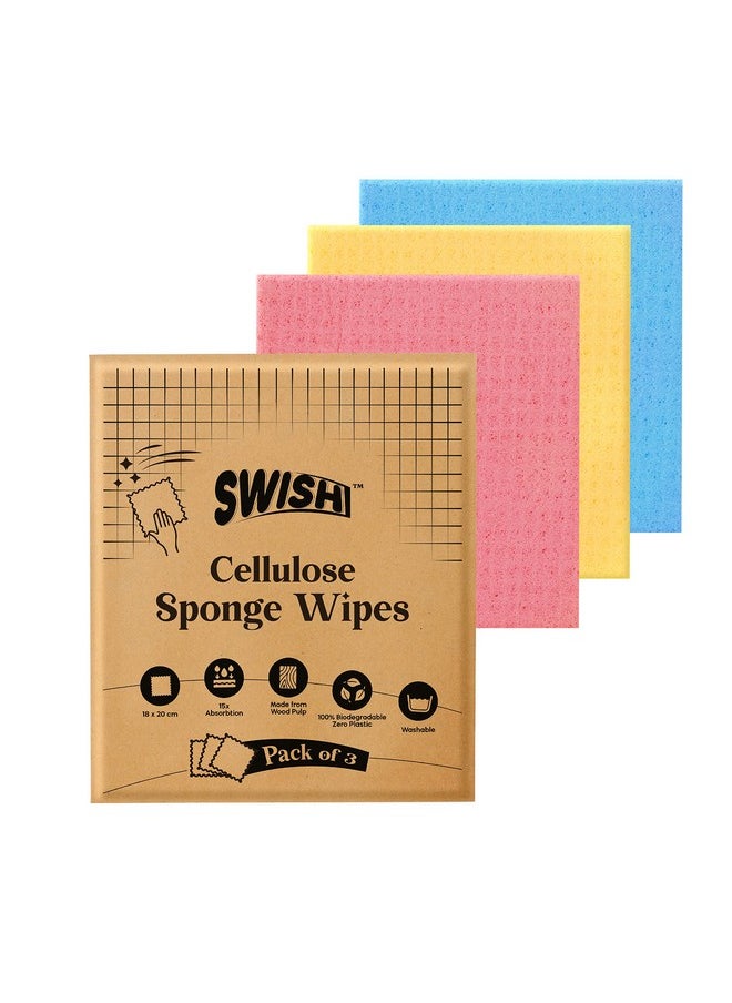 SWISH Swish Multi-Purpose Sponge Wipes (Pack of 3) | Reusable Kitchen Cleaning Sponge - 10x Absorbent | Multipupose Washable Sponge Wipes for Dry & Wet Use | Natural Cellulose Sponge Wipes for Kitchen  - Image 1