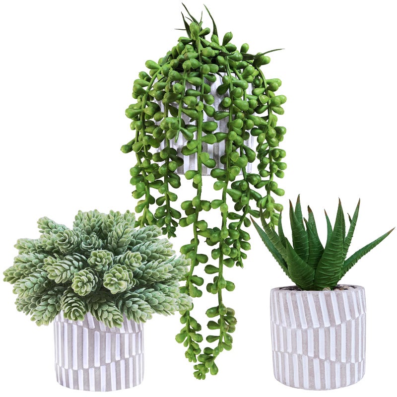 Winlyn Winlyn 3 Pack Small Faux Succulent Plants Fake String of Pearls Aloe Hops Succulents in Gray Geometric Concrete Pots Artificial Potted Plant for Office Desk Home Tabletop Windowsill Shelf Decor  - Image 1