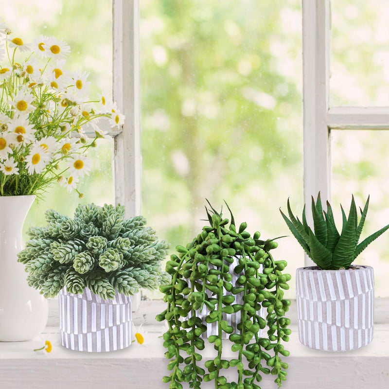 Winlyn Winlyn 3 Pack Small Faux Succulent Plants Fake String of Pearls Aloe Hops Succulents in Gray Geometric Concrete Pots Artificial Potted Plant for Office Desk Home Tabletop Windowsill Shelf Decor  - Image 5