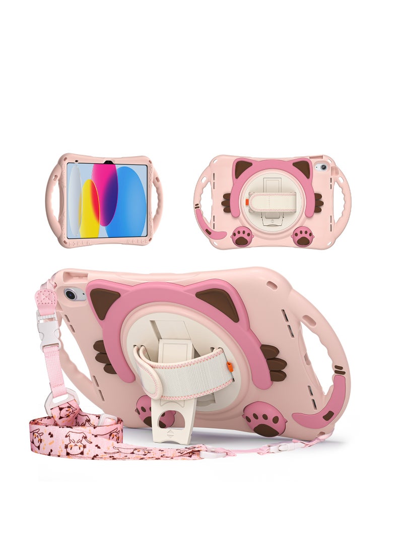 GULFLINK Cute Cat Kids Case with 360 Degree Rotatable Stand Hand Strap Shoulder Strap for ipad 10th 10.9 inch 2022（A2757/A2777）Pink - Image 1