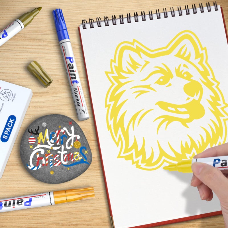 DAPAWIN Yellow Paint Pen Permanent Paint Markers - 8 Oil Based Paint Pens, Medium Tip, Quick Drying and Waterproof Marker Pens for Metal, Rock Painting, Wood, Fabric, Plastic, Canvas, Mugs Yellow Markers Pen - Image 5