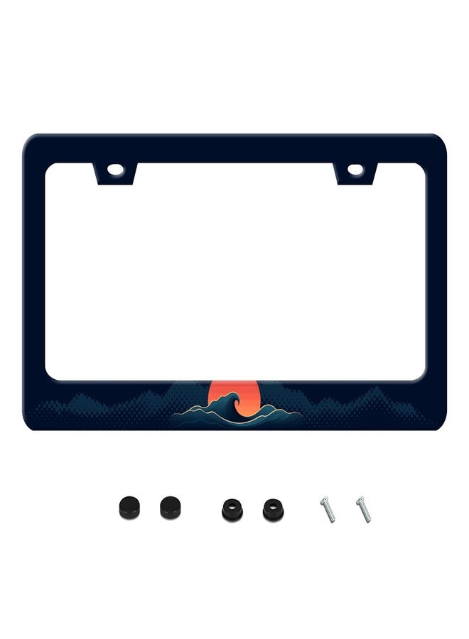 UNINDREM Sun Ocean Waves License Plate Frame Funny Sea Wave Art Stainless Steel License Plate Frames Rust-Proof Auto Parts Decoration with Screws License Plate Holder for Men Women Youth 12x6 Inch - Image 1
