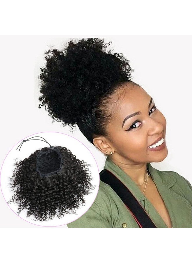 FEIPRO Natural Drawstring Ponytails Real Human Hair For African Black Women Girls Kidsshort Afro Puffs Hair Buns Kinky Curly Hairpieces With 2 Stable Combs (8 Inch1B Natural Black) - Image 1
