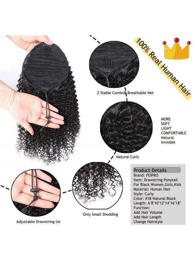 FEIPRO Natural Drawstring Ponytails Real Human Hair For African Black Women Girls Kidsshort Afro Puffs Hair Buns Kinky Curly Hairpieces With 2 Stable Combs (8 Inch1B Natural Black) - Image 5