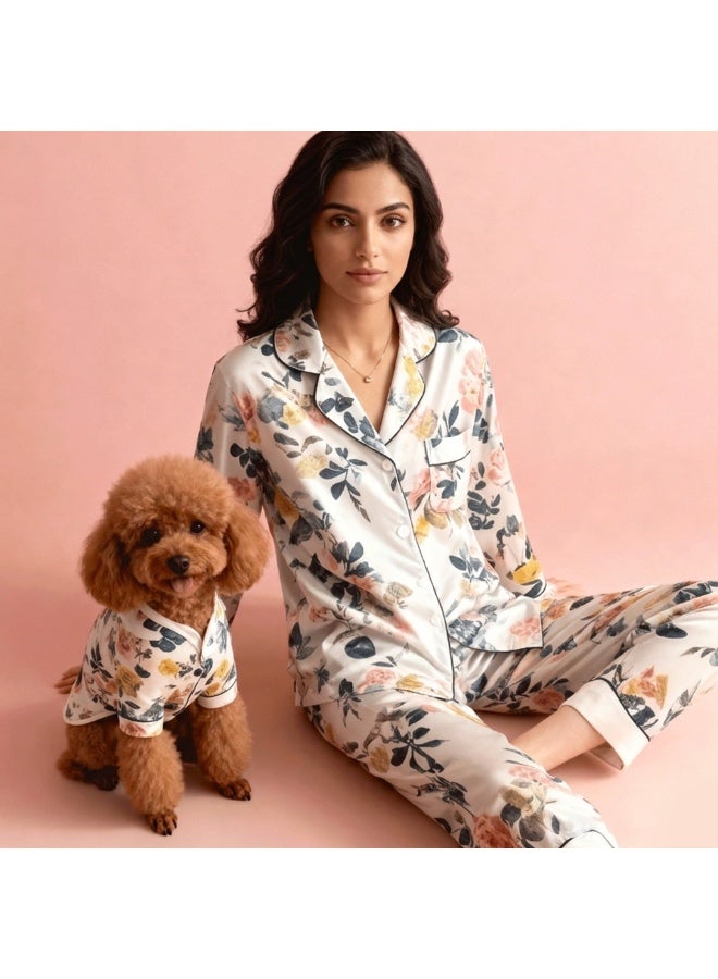 طقم بيجاما وينتر فريش ديوير العاجي المزهر (للبشر والكلب) مقاس صغير