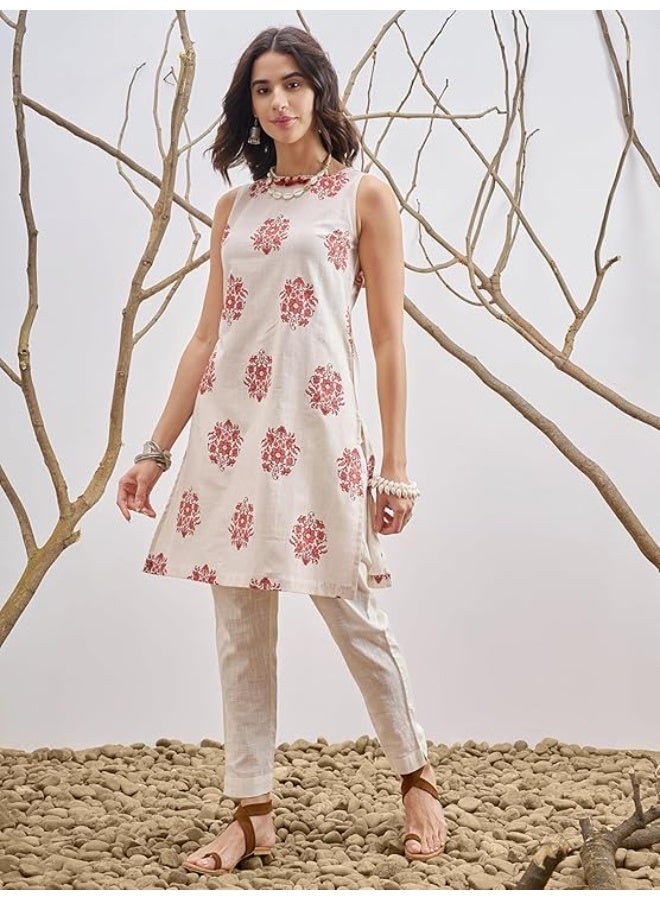 Vishudh Women Kurta Off White/Rust 100% Cotton XL - Image 3