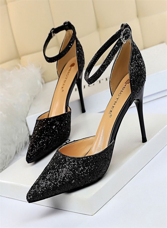BIGTREE Shallow Pointed Metal High-Heeled Sandals 7.5CM Black 