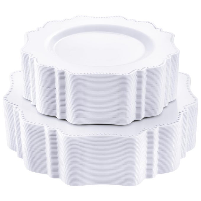 100PCS WHITE DISPOSABLE PLASTIC PLATEHEAVY DUTY PLATE FOR PARTYWEDDINGANNIVERSARY 50 DINNER PLATES AND 50 DESSERTSALAD PLATES