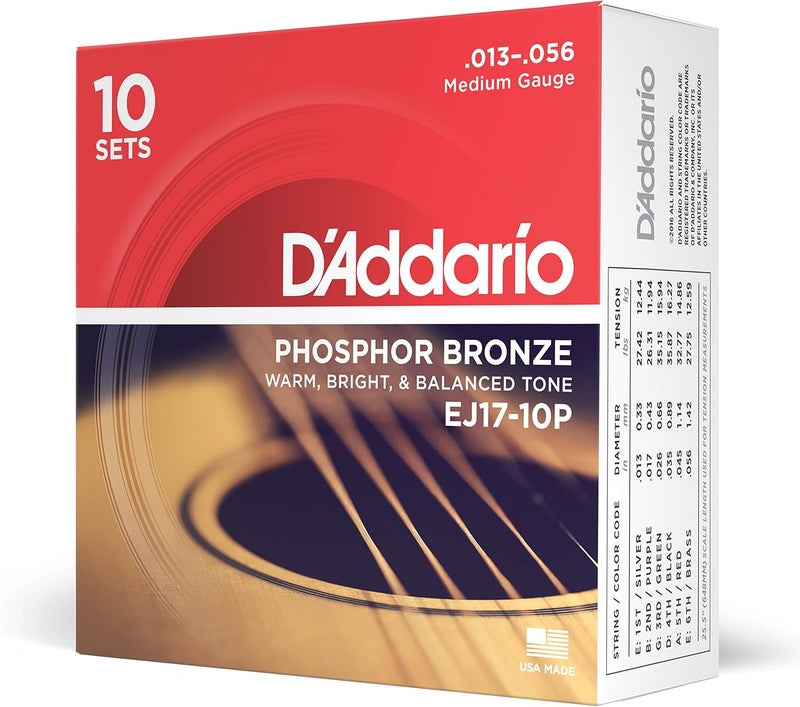D'Addario Varied dimensions Guitar Strings - Phosphor Bronze Acoustic Guitar Strings - EJ17-10P - Rich, Full Tonal Spectrum - For 6 String Guitars - 13-56 Medium, 10-Pack All storage type compatible - Image 1
