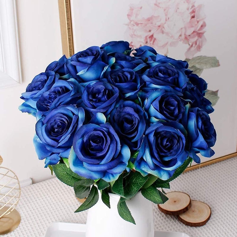 لييو باقة زهور الورد الحريري الاصطناعي من لويو لحفلات الزفاف والحفلات وديكور المنزل، عبوة من 10 قطع - أزرق متدرج - Image 2