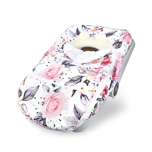 Pea Pod Winter Car Seat Cover for Baby Infant Car Seat Canopies Cover for Newborn Warm Plush Fleece Inner Protect Baby from Cold Wind Stylish Floral - Image 1
