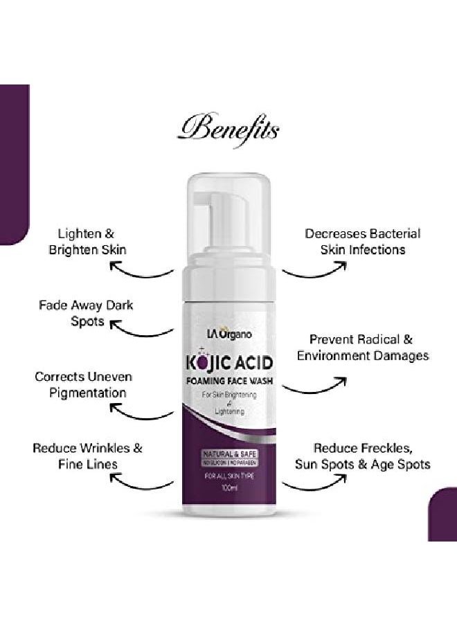 Kojic Acid Foaming Face Wash Enriched with Licorice Vitamin C Niacinamide for Skin Brightening & Lightening Reduce Dark Spots Wrinkles & Fine Lines 100 ML
