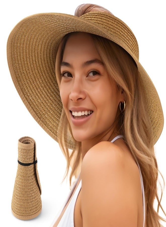YESINDEED Women’s Sun Visor - UPF 50+ Protection, Wide Brim, Adjustable, Ponytail-Friendly, Packable - Ideal for Travel & Beach (US, Alpha, One Size, Straw) - Image 1