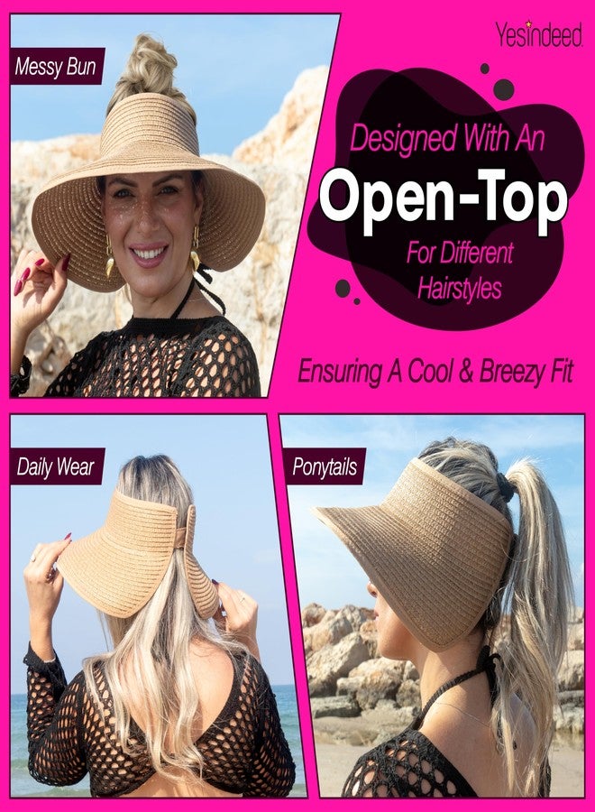 YESINDEED Women’s Sun Visor - UPF 50+ Protection, Wide Brim, Adjustable, Ponytail-Friendly, Packable - Ideal for Travel & Beach (US, Alpha, One Size, Straw) - Image 4