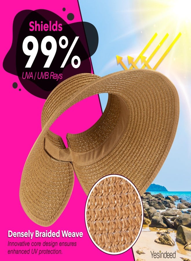 YESINDEED Women’s Sun Visor - UPF 50+ Protection, Wide Brim, Adjustable, Ponytail-Friendly, Packable - Ideal for Travel & Beach (US, Alpha, One Size, Straw) - Image 2