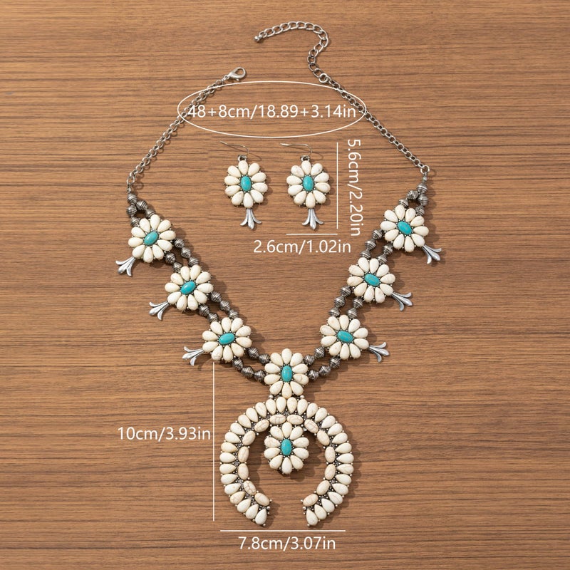 JMScape 4 PCS Western Turquoise Jewelry for Women Boho Vintage Navajo Pearl Necklace Earring Bracelet Ring Set Country Cowgirl Accessories for Gift (O-White) - Image 5