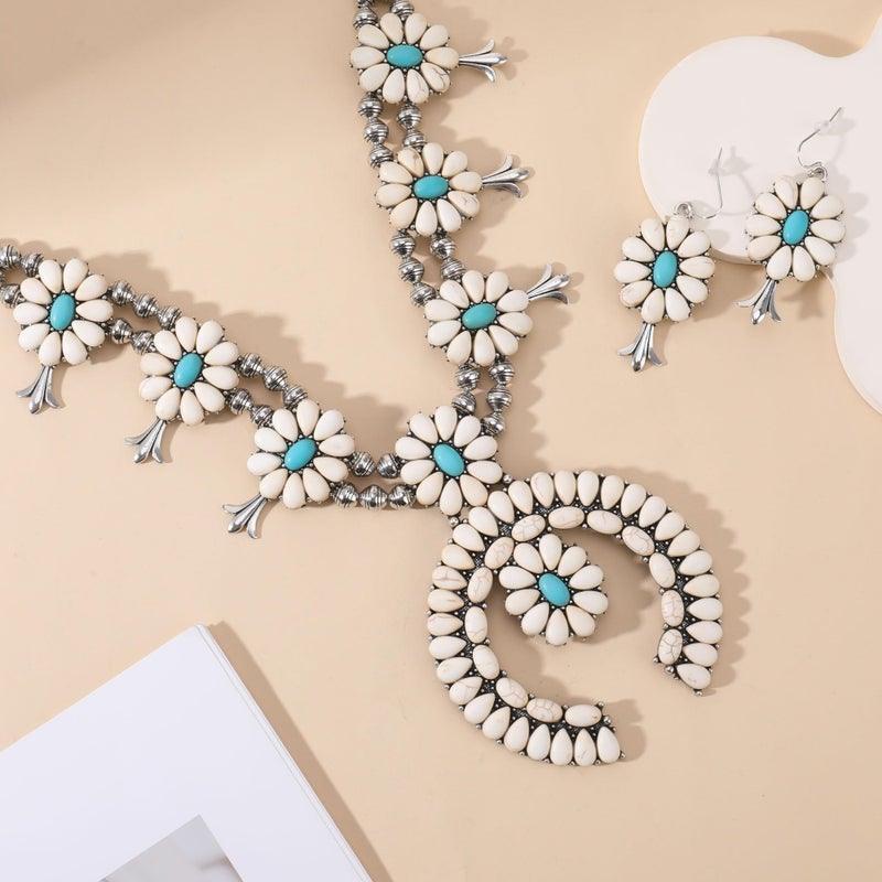 JMScape 4 PCS Western Turquoise Jewelry for Women Boho Vintage Navajo Pearl Necklace Earring Bracelet Ring Set Country Cowgirl Accessories for Gift (O-White) - Image 3